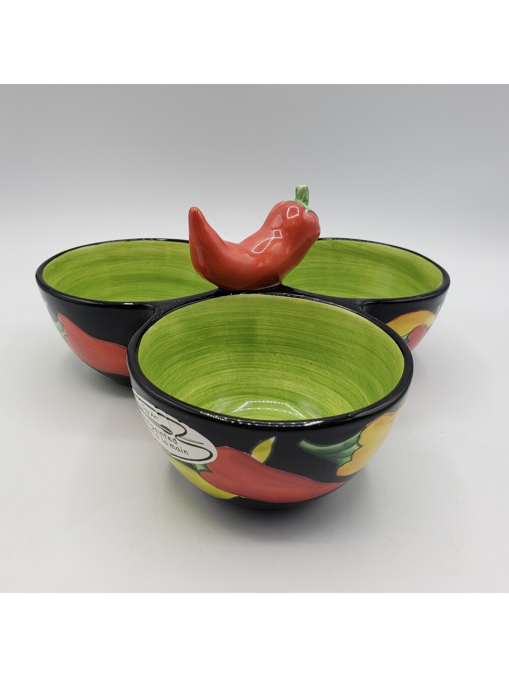 Vintage 2002 Clay Art Caliente Chili Pepper Triple Salsa Bowl Hand Painted Dip
